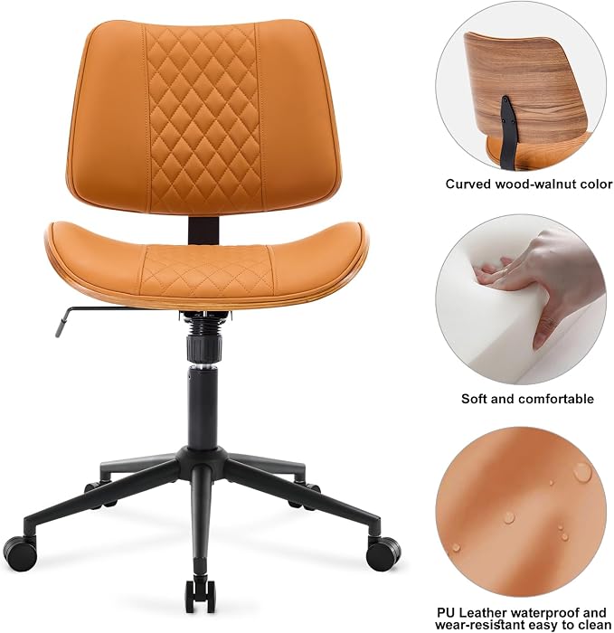 BV Mid Century Office Chair, Armless Small Desk Chair with Bentwood Back and Wheels, Swivel Task Chair for Compact Spaces, Faux Leather Upholstery, No Arms Mid Back Design, Brown