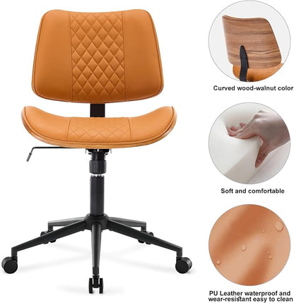 BV Mid Century Office Chair, Armless Small Desk Chair with Bentwood Back and Wheels, Swivel Task Chair for Compact Spaces, Faux Leather Upholstery, No Arms Mid Back Design, Brown