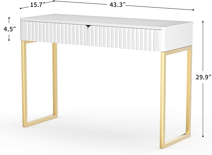 Tamworth Design Elegant Modern Desk, 2 Drawers, Gold Legs, 43.3x15.75 inches, Home Office, Makeup Vanity, Computer, Writing, Study, Entryway, Sofa Table