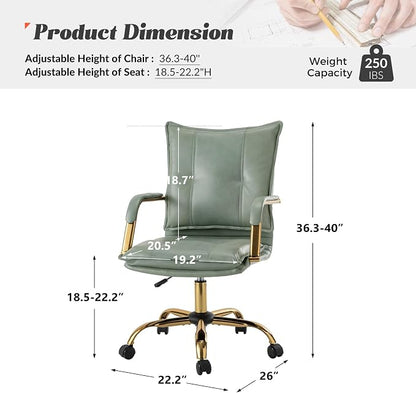 HULALA HOME Faux Leather Home Office Desk Chair, Adjustable Swivel Computer Chair with Golden Legs and Arms, Comfy Upholstered Task Chair, Sage