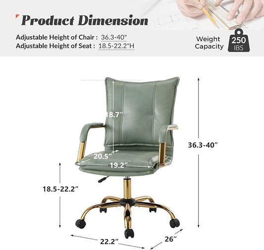 HULALA HOME Faux Leather Home Office Desk Chair, Adjustable Swivel Computer Chair with Golden Legs and Arms, Comfy Upholstered Task Chair, Sage