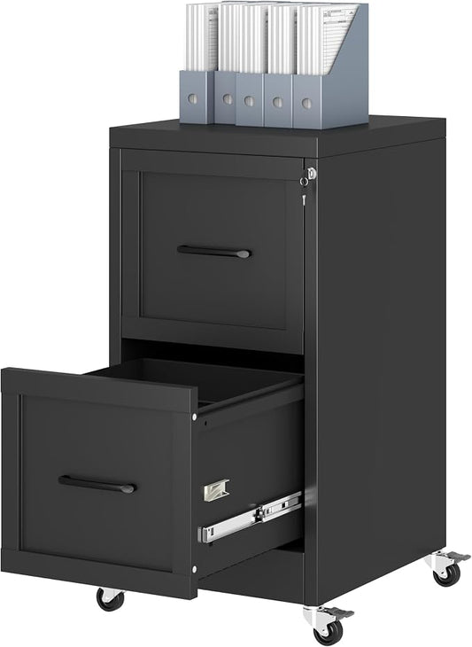 Ckzbx 2 Drawer File Cabinet with Lock, Narrow Vertical Filing Cabinet, Under Desk File Cabinets,Black Metal File Cabinets for Home Office,Fit Letter/A4/Legal Size File (Wheel)