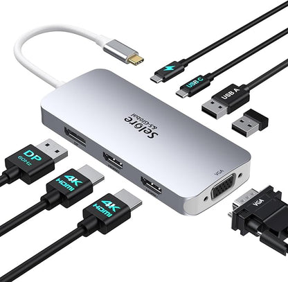 USB C Docking Station Dual HDMI Monitor Adapter, Selore USB C Hub 3 Monitors with Dual HDMI, Displayport, VGA, 100W PD Charging, 3USB 2.0 Ports Adapter for Dell XPS,HP, Lenovo,etc(Silver)