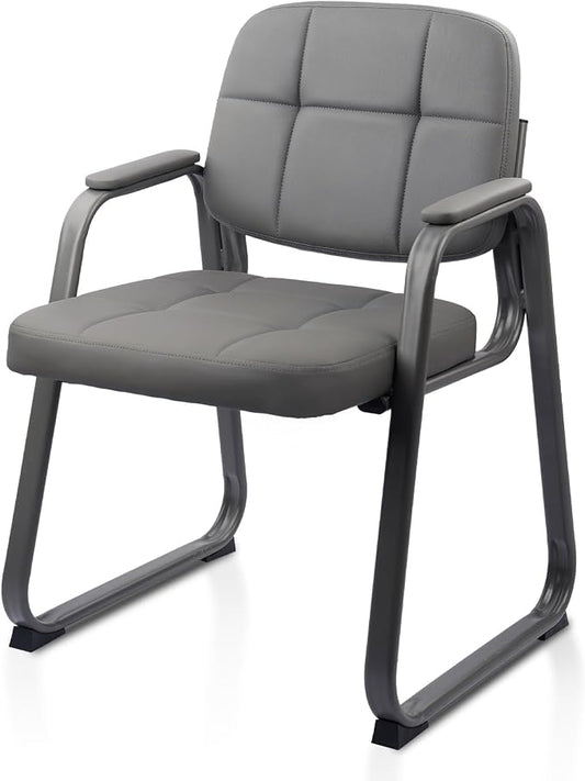 CLATINA Waiting Room Chair | Leather Guest Chair with Padded Arms no Wheels for Office Reception Conference Desk with Sled Base Grey, 1PK