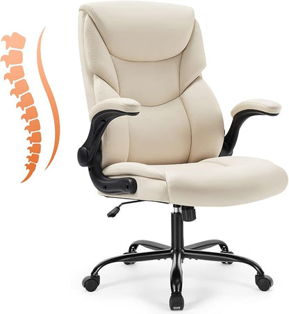 Sweetcrispy Office Executive Chair - Heavy Duty High Back Home Desk Chair with Flip-up Armrest, PU Leather, Height Adjustable & Swivel Rolling with Wheels, Beige