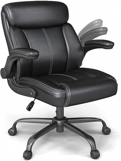 AnyGod 1Pcs Office Chair for Men Women Home Office Pu Leather 360 Swivel Rocking Function Ergonomic Chair with Flip-Up Arms Lumbar Support Rolling Wheels Adjustable Height -Black Size