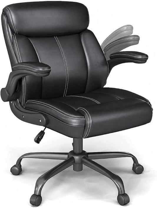 AnyGod 1Pcs Office Chair for Men Women Home Office Pu Leather 360 Swivel Rocking Function Ergonomic Chair with Flip-Up Arms Lumbar Support Rolling Wheels Adjustable Height -Black Size