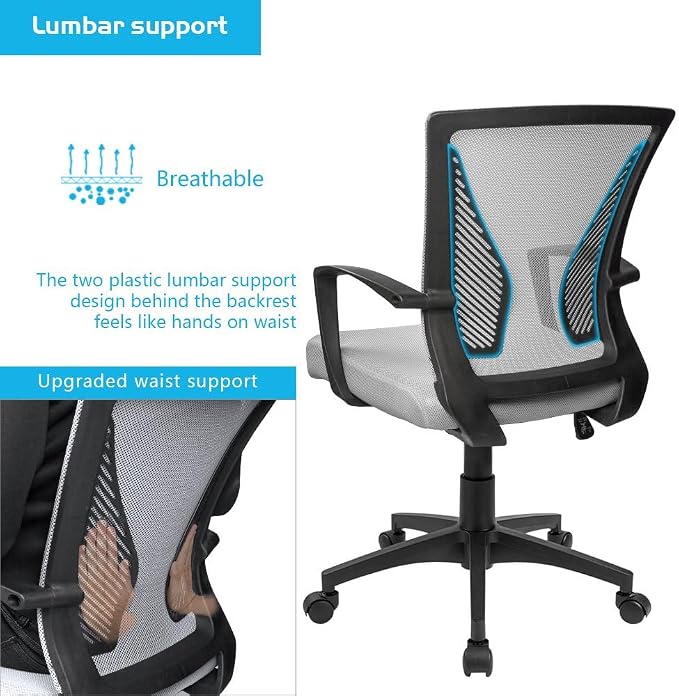 Furmax Office Chair Ergonomic Computer Desk Mesh Chair Mid Back Swivel Lumbar Support with Armrest (2, Gray)