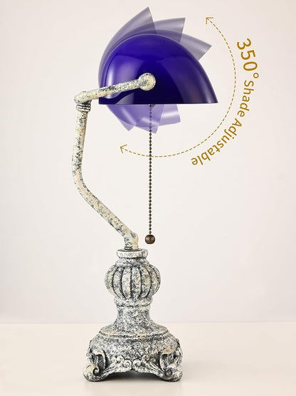 Retro Blue Glass Bankers Desk Lamp,LED Bulb Included | Home Office Library with Pull Chain Switch Plug in Fixture