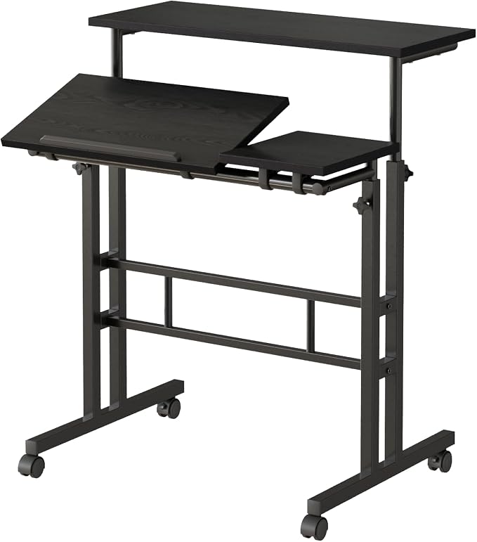 VECELO Mobile Small Standing Desk Adjustable Height, Computer Workstations with Tiltable Tabletop, Lockable Wheels, Portable Rolling Laptop Desk for Home Office, Black