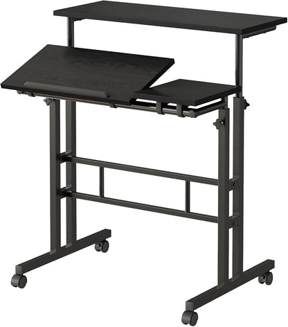VECELO Mobile Small Standing Desk Adjustable Height, Computer Workstations with Tiltable Tabletop, Lockable Wheels, Portable Rolling Laptop Desk for Home Office, Black