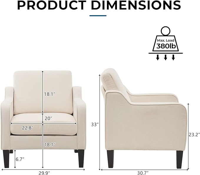 VINGLI Mid Century Modern Accent Chair, Beige Fabric Accent Chairs for Living Room Upholstered Armchair Sofa with Scooped Arms for Bedroom, Apartment, Studio, Office, Waiting Room
