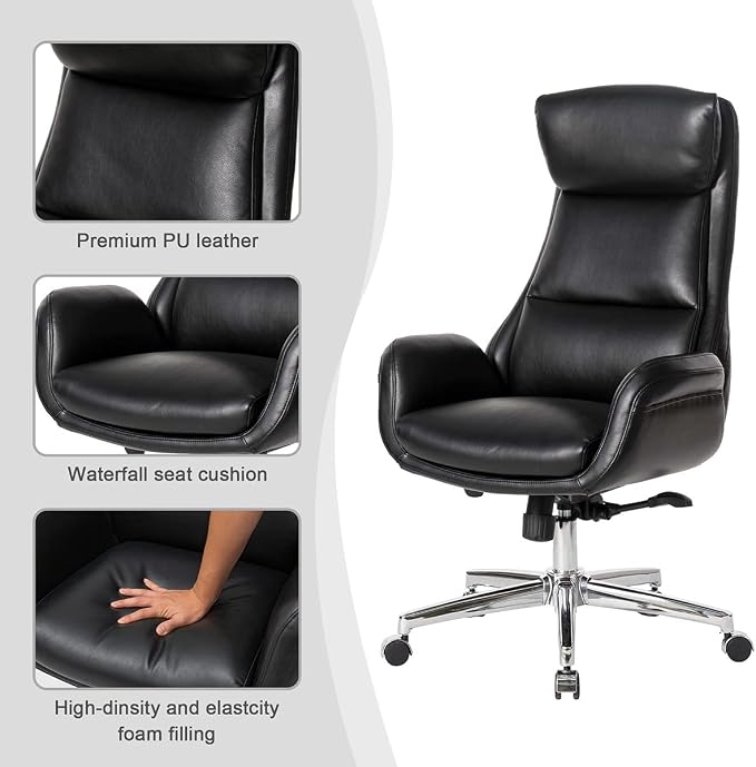 Glitzhome Mid-Century Modern Air Leatherette Adjustable Swivel High Back Office Chair, Black