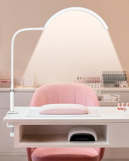 Professional Half Moon LED Desk Light for Nail Techs & Artists – Flexible Gooseneck Lamp with Clamp, 5 Color Modes & 5 Brightness Levels for Manicure, Tattoo, Beauty Work