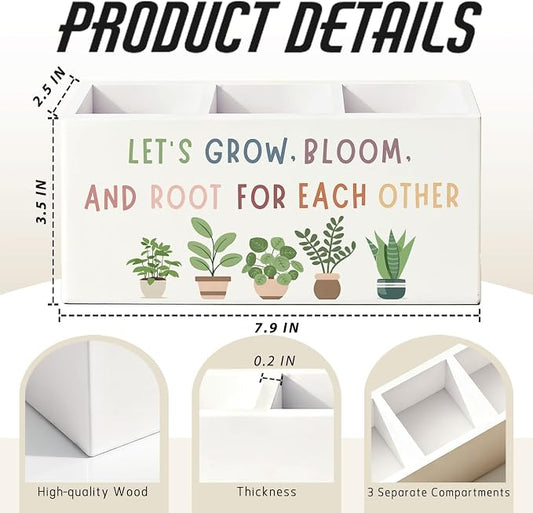 Boho Mental Health Classroom Pen Pencil Holder for Desk, Let's Grow Bloom and Root for Each Other Motivational Wooden Box Sign Decorations for Therapy Counselor Office Desk Tabletop