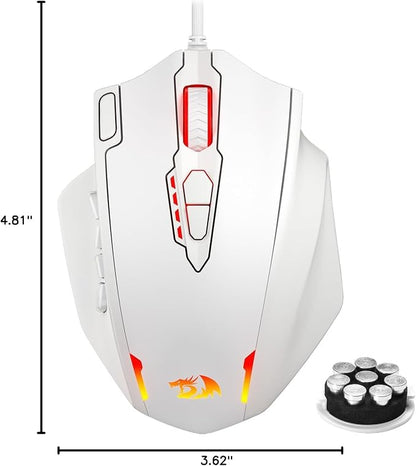 Redragon M908 Impact RGB LED MMO Gaming Mouse with 12 Side Buttons, Optical Wired Ergonomic Mouse with Max 12,400DPI, High Precision, 18 Programmable Macro Shortcuts, Comfort Grip, White