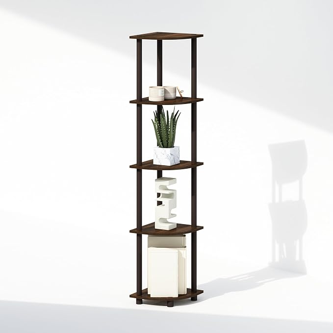 Furinno Turn-N-Tube Storage Shelves, 5-Tier Book Shelf, Corner Shelf, Toolless Open Shelves, for Organization and Storage, Living Room, Home Office, Hallway, Bedroom, Walnut