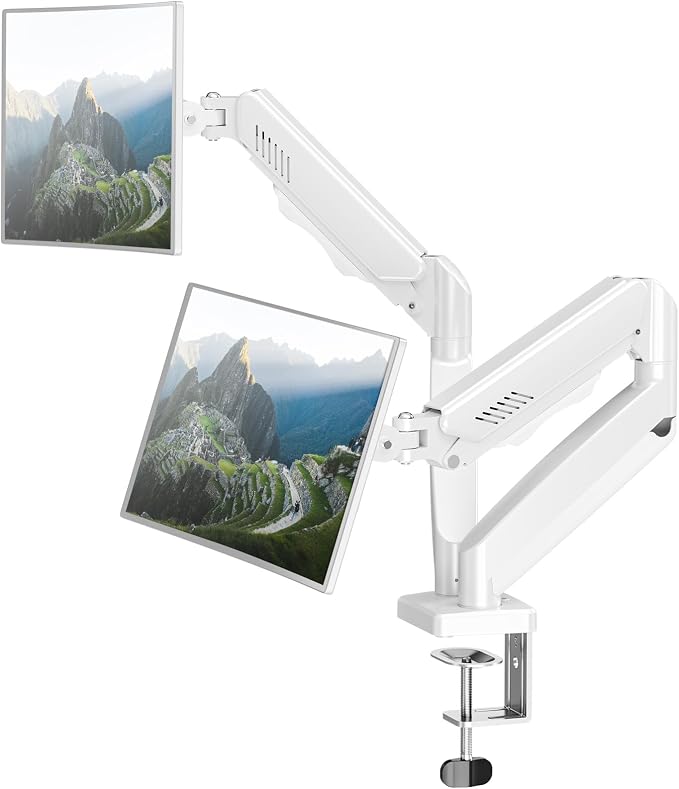 Dual Monitor Arm Desk Mount Fits 13 to 32 inch Computer Screens, Holds 4.4 to 19.8lbs Display VESA Mount, Adjustable Double Monitor Stand with Clamp/Grommet Base, 75/100mm Bracket, White, Freelift