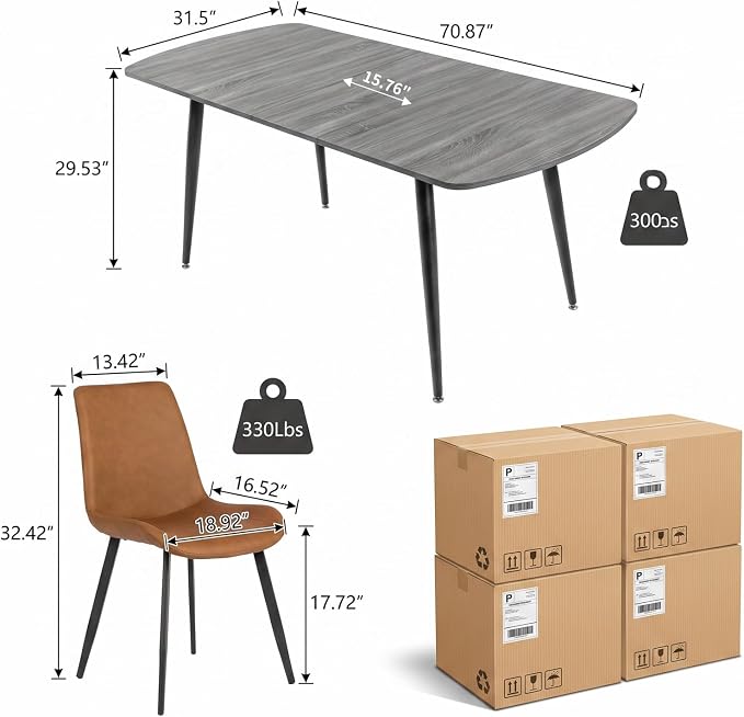HIPIHOM 7-Piece Extendable Dining Table Set for 6, 55.1" to 70.87" Expandable Kitchen Table with 6 PU Leather Dining Chairs, Modern Wood Grain Top Furniture Set for Dining Room, Grey