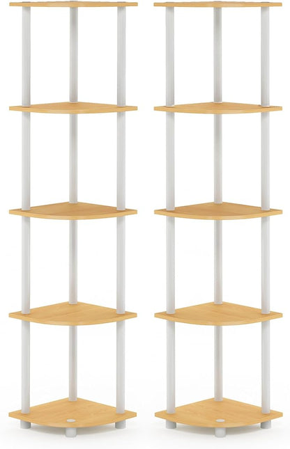 Furinno Turn-N-Tube Corner Shelf Set of 2, 5-Tier Corner Bookshelf, Open Storage Shelves, for Organization and Storage, Living Room, Home Office, Garage, Beech
