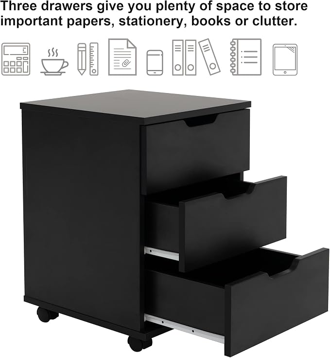Farini 3-Drawer Vertical Filing Cabinet Rolling Wood Mobile File Cabinets Under Desk for Home Office with Casters,Black,Fully-Assembled