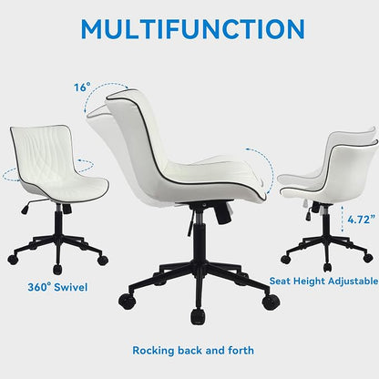 YOUNIKE Office Chair, Armless Desk Chair with Wheels, Home Office Computer Task Chairs, Modern Faux Leather Upholstered Vanity Chair, Adjustable Swivel Rocking Office Chair with Back, White