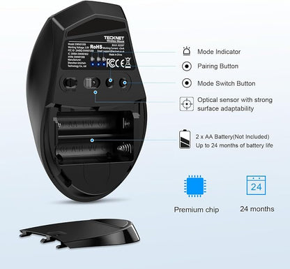 TECKNET 3-Device Bluetooth Mouse, Silent Wireless Mouse with 6-Level DPI up to 4800, 2-Year Battery, 6 Buttons for Wide Compatibility - Blue