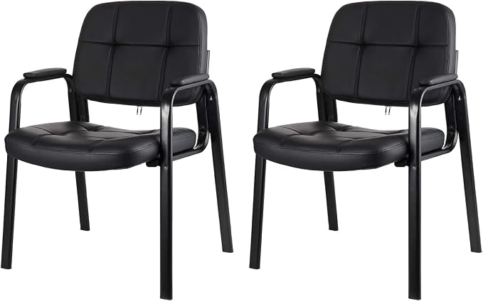 CLLATINA Waiting Room Chairs with Padded Arms Leather Guest Chair no Wheels for Office Reception and Conference Desk Black 2PK