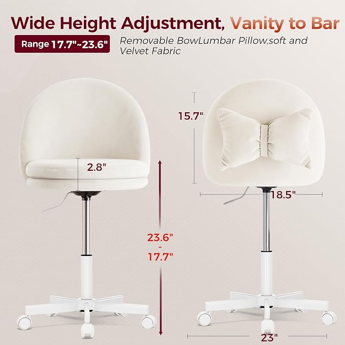 GTPLAYER Velvet Tall Office Chair with Wheels Vanity Chairs with Back, Versatile Height Use: Office to Bar Stools Small Ergonomic Comfy Armlees Computer Desk Chair with Bow Lumbar Pillow for Gift