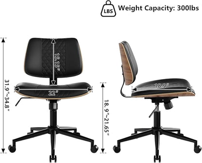 Modern Armless Office Chair with Wheels, Adjustable Swivel Desk Chair with Wide Seat and Tilt Function, Faux Leather Mid Century Task Chair for Home Office, Bedroom, Vanity, Black