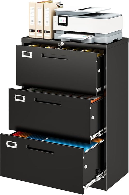 Metal Lateral 3 Drawer File Cabinet, Wide Filing Cabinet with Lock for Home Office Organization Hanging Files Letter/Legal/F4/A4 Size (Black, Assembly Required)