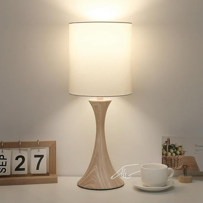 Bedside Touch Lamp, 3 Way Dimmable Touch Control Table Lamp, Wood Grain Farmhouse Table Lamp, Modern Nightstand Lamp with White Shade for Bedroom, Dorm, Office, 3000K LED Bulb Included