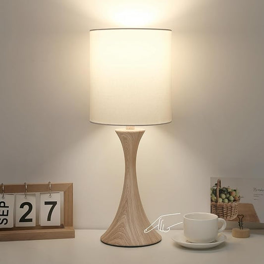 Bedside Touch Lamp, 3 Way Dimmable Touch Control Table Lamp, Wood Grain Farmhouse Table Lamp, Modern Nightstand Lamp with White Shade for Bedroom, Dorm, Office, 3000K LED Bulb Included