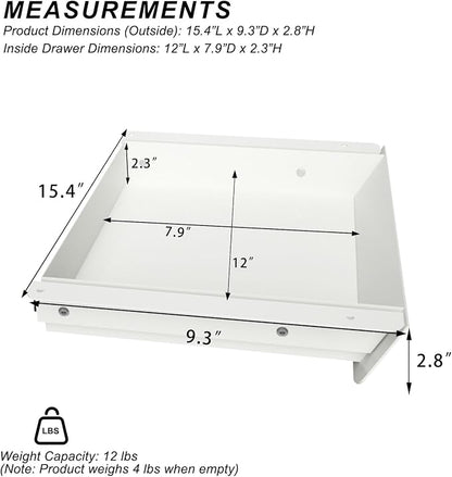 White Under Desk Mounted Sliding Drawer with 60 Degree Tilt Panel to pull out, 15'' long & 9'' deep Large Storage Organizer for Sit Stand Workstation