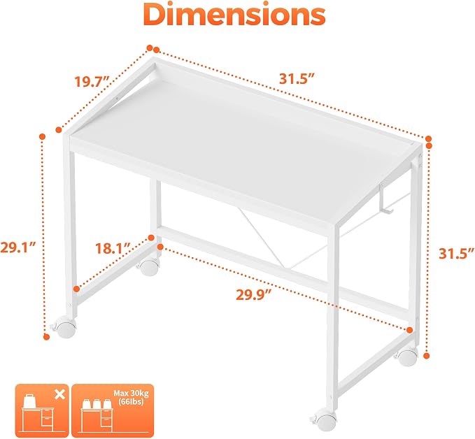 Mericonia 32 inch Rolling Computer Desk with Wheels, Gaming Desk for Small Spaces, Modern Simple Style Table for Home Office, Study Writing Table
