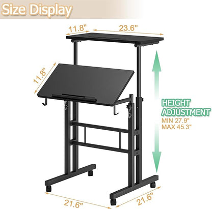 Klvied Height Adjustable Mobile Standing Desk, Tiltable Laptop Desk with Cup Holder & Hook, Portable Rolling Desk with Lockable Casters, Home Office Workstation for Standing/Sitting, Black