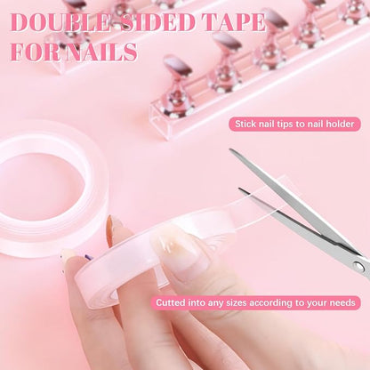 JUSTOTRY 2 Sets Pink Nail Painting Practice Stand With 1M Double-sided Tape Acrylic Fake Nail Art Holder For Press Ons Magnetic Nail Display Design Tools Kit Accessories For Home Diy Salon Supplies