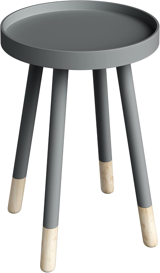 Lavish Home Round End Table – Wooden Mid-Century Modern Side Table with Tray Top and Two-Tone Color – Living Room Furniture (Gray)