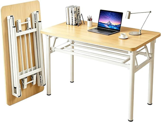 Folding Desk for Small Spaces, 31.5 Inch Foldable Computer Desk, No Assembly Required, Space Saving Portable Study Table for Compact Home Office, Bedroom, Dorm, Apartment, Teak&White