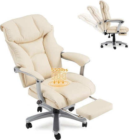 HOMREST Big and Tall Heavy Duty Office Chair 550LBS, Ergonomic Leather Executive Chair with 155° Recline, Large Back Pocket &Footrest, Computer Desk Chair for Heavy People, Beige