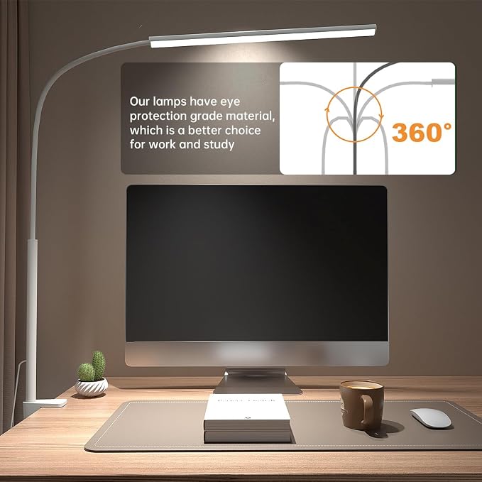 LED Desk Lamp with Clamp, 5 Color Modes & 10 Brightness Levels, Eye-Caring Desk Light, Flexible Gooseneck, Memory Function, Adapter Included for Home Office, Reading & Study