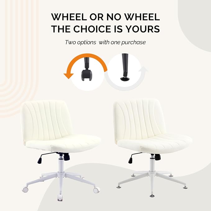 VINGLI Criss Cross Legged Chair,Wide Comfy Office Desk Chair,Dual-Use with/no Wheels Computer Task Chair,Swivel Armless Vanity Rolling Chair for Study,Make Up,Home Office,Cat Scratch PU Leather,Beige