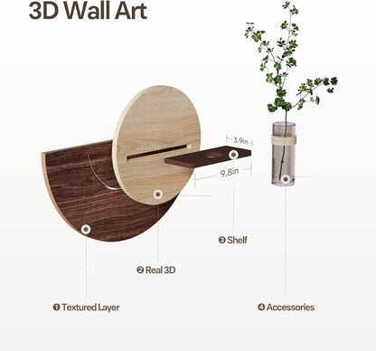 3D Textured Round Wall Art Decor With Vase, Modern Minimalist Sandstone Painting Artwork for Walls, Vintage Nature Wood Tone Botanical Wall Decor for Living Room, Hallway, Dining Room, Bedroom, Office