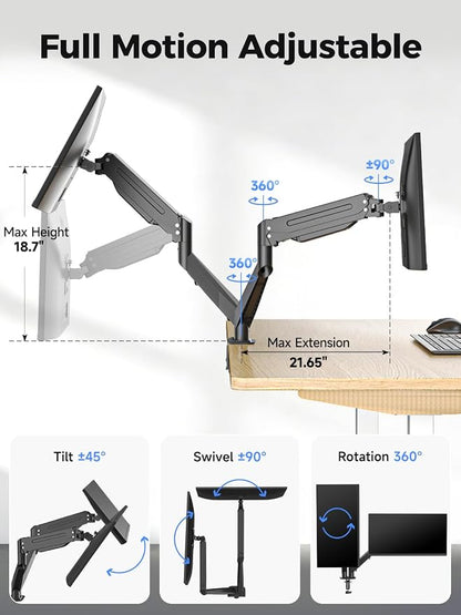 Suptek Dual Monitor Mount Stand-Height Adjustable Gas Spring Monitor Arm Desk Mount for 2 Computer Screens 17 to 35 inches - Each Arm Holds up to 24.25lbs,Black(MD8SP)