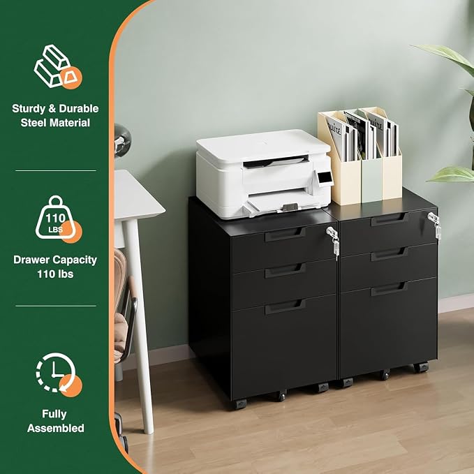 Letaya 3 Drawer Mobile File Cabinet with Lock,Under Desk Metal Small Filing Cabinets for Home Office Organizer Letters/Legal/A4(Fully Assembled Except Wheels-Black)