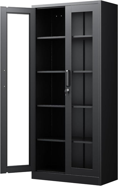 PEUKC Display Cabinet with Glass Doors, 71 Inches Metal Display Case with 4 Adjustable Shelves, Curio Storage Cabinet with Lock for Home, Office, Book, Pantry, Assemble Required (Black)