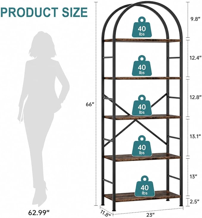 Shintenchi Bookshelf, Arched Bookshelf 5 Tier Bookcase, Tall Shelf for CDs/Books, Home Office Shelf Storage Organizer, Modern Book Shelf for Bedroom/Living Room, Rustic Brown