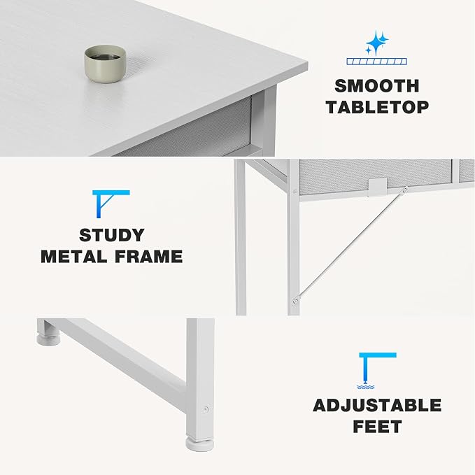OLIXIS 32 Inch Small Desk with Fabric Drawers for Home Office, Gaming Computer Desk with Side Bag & Headphone Hook, Writing Study Work Table for Bedroom Small Space, Natural White