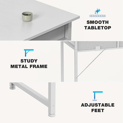 OLIXIS 32 Inch Small Desk with Fabric Drawers for Home Office, Gaming Computer Desk with Side Bag & Headphone Hook, Writing Study Work Table for Bedroom Small Space, Natural White