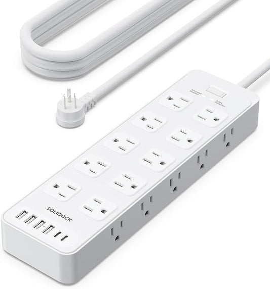 Power Strip Surge Protector Flat Plug with 20 AC Outlets 6 USB Chagring Ports, 1875W/15A, 2700J, 10 Ft Heavy Duty Extension Cord for Home, Office, Dorm, Gaming,ETL Listed (White, 10FT)
